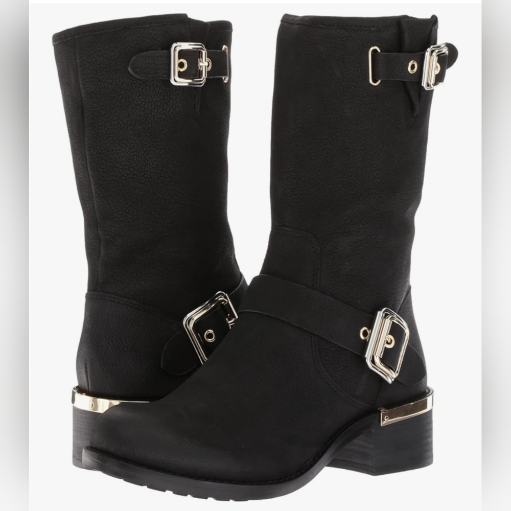 Vince Camuto Black Moto Boots with Gold Buckle Accents